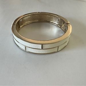 Gold Tone Hinge Bangle Cuff Bracelet with Leather Inset